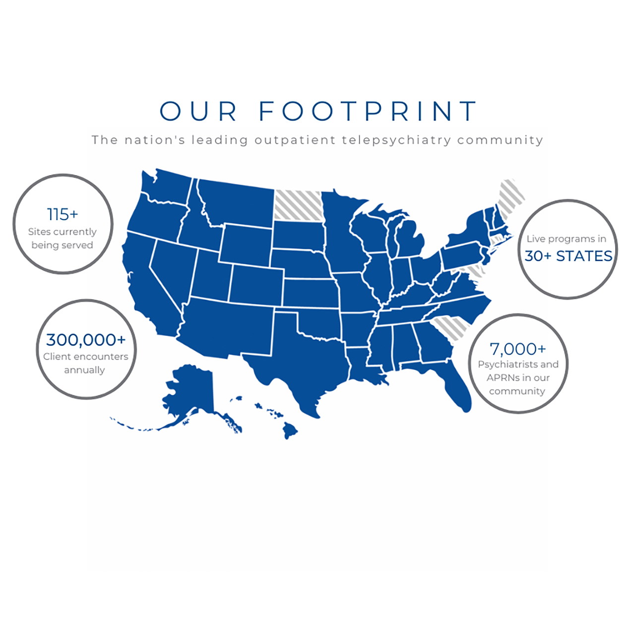 Our footprint. The nation's leading outpatient telepsychiatry community. 115+ sites currently being served. 300,000+ client encounters annually. 30+ states. 7,000+ psychiatrists and APRNs in our community.